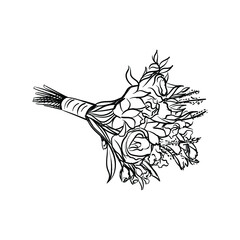 Hand-drawn sketch of wedding bouquet. Wedding accesories and attributes. Preparation for wedding ceremony. Bride and groom. Holiday. Celebration.