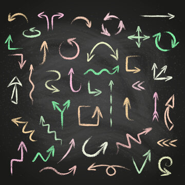 Hand drawn doodle arrows set made of chalk or pastel texture on a blackboard background. Vector illustration