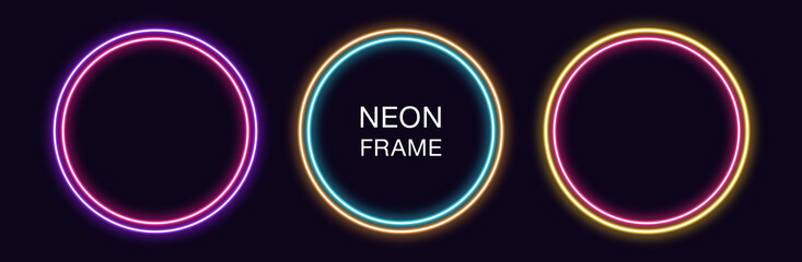 Neon circle Frame. Set of round neon Border with double outline. Geometric shape