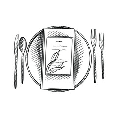 Hand-drawn sketch of table service set for Wedding ceremony. Preparation for wedding ceremony. Plates, knife, spoon, fork, napkin. Holiday. Celebration.