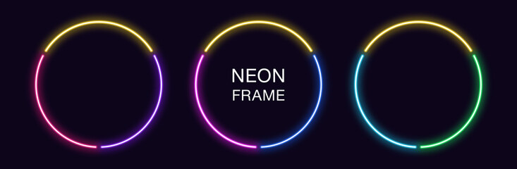 Neon circle Frame. Set of round neon Border in 3 outline parts. Geometric shape