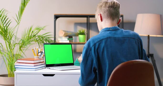 Rear. Caucasian boy sitting at desk at home and studying online on laptop computer while writing homework. Schoolboy doing exercises in copybook. Lockdown learning. Back view. Green screen. Chroma key