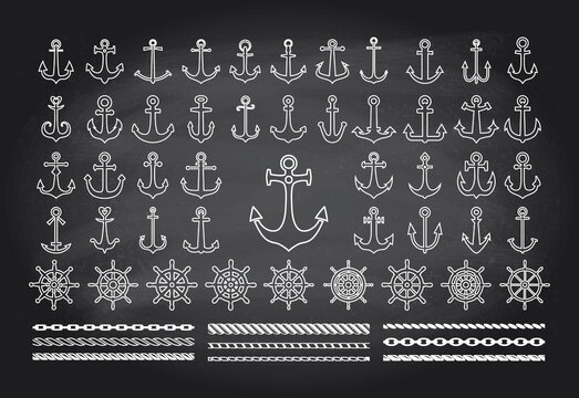 Set of icons of sea theme on a blackbord background- anchors, ropes and sea wheels.