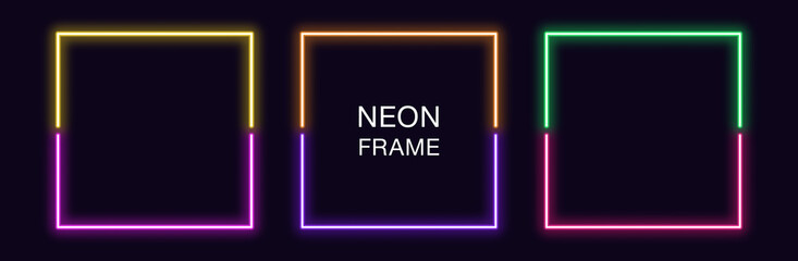 Neon square Frame. Set of quadrate neon Border in 2 outline parts. Geometric shape