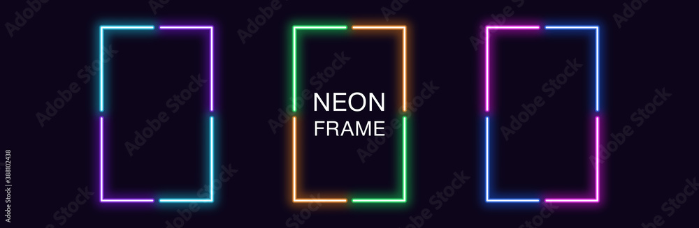Poster neon rectangle frame. set of rectangular neon border in 4 angular parts. vector geometric shape