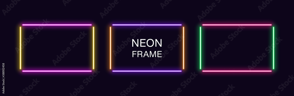 Poster neon rectangle frame. set of rectangular neon border in 4 outline parts. vector geometric shape