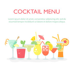 Colorful drinks set with the place for text, doodles, hand drawn style. Vector illustration.