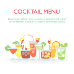 Colorful drinks set with the place for text, doodles, hand drawn style. Vector illustration.