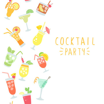 Colorful drinks set with the names of the coctails, isolated on white background, doodles, hand drawn style. Vector illustration.