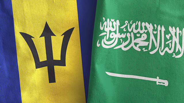 Saudi Arabia and Barbados two flags textile cloth 3D rendering