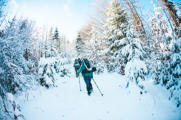 Friends in the winter trekking in the mountains.