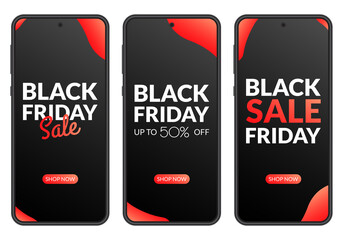 Black Friday Sale banner set on the mobile phone screen. Discount background or poster for promotion. Price off design. Vector illustration.