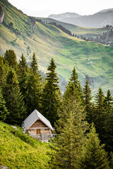 Beautiful view of scenic mountain landscape in the Alps with traditional old mountain chalet and fresh green meadows on a sunny day with blue sky and clouds in spring