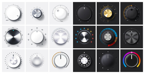 Round adjustment dial. Regulator knob, volume level and analog Min Max dials with realistic shadow and radial metal gradient. 3D Knobs on black and white backgrounds vector set - obrazy, fototapety, plakaty