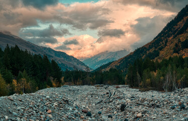 river valley  and many round stones