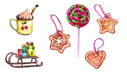 Watercolor illustration set of Christmas symbols and holiday elements such as cookies, candy, Christmas decorations. Wooden vintage sled with boxes of parks. Isolated on a white background