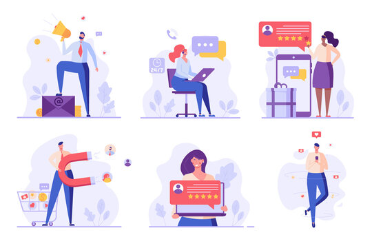 Social media marketing set. People using CRM service. Collection of promotion, e-mail marketing, pr, customer attraction. Vector illustration in flat design for UI, web banner, mobile app