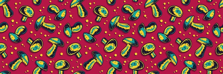 Colored seamless pattern wallpaper with vegetarian champignon and boletus silhouette for holiday. Autumn illustration of mushroom picking for nature design