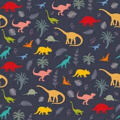 Naklejka na ściany i meble Seamless pattern with dinosaur silhouettes.
