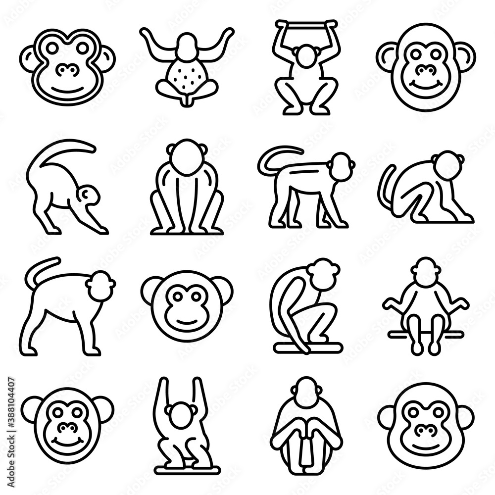 Poster gibbon icons set. outline set of gibbon vector icons for web design isolated on white background