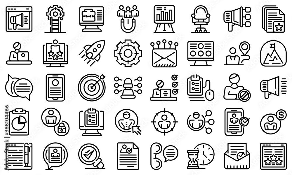 Poster online recruitment icons set. outline set of online recruitment vector icons for web design isolated
