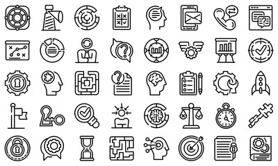 Problem solving icons set. Outline set of problem solving vector icons for web design isolated on white background
