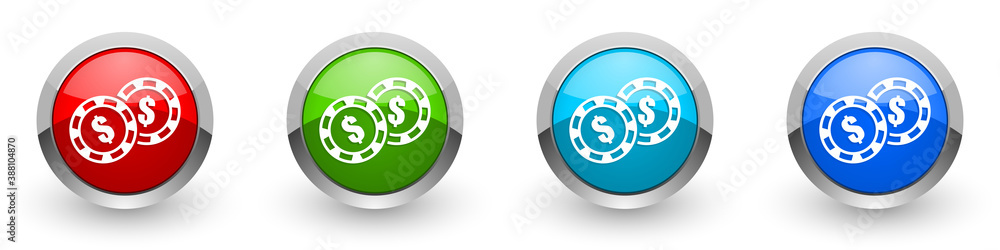 Poster casino chips silver metallic glossy icons, set of modern design buttons for web, internet and mobile