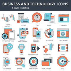 Set vector icons with elements for mobile concepts and web apps. Business and marketing, programming, data management, internet connection, social network, computing, information. Vector	
