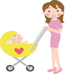 ベビーカーを押すママ　（スカート）