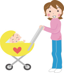 ベビーカーを押すママ　（パンツ）
