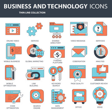 Set vector icons with elements for mobile concepts and web apps. Business and marketing, programming, data management, internet connection, social network, computing, information. Vector	
