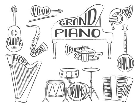 Set of musical instruments with lettering with the names of theinstruments: piano, gutar, violin, drums, isolated on a wite background. Contours, outlines.