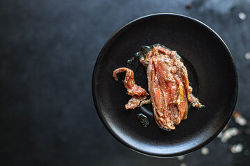 anchovies canned fish in a tin can seafood top view copy space for text food background rustic diet pescetarian