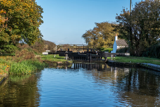 Canal Locks on the Leeds to Liverpool Canal at Burscough, Lancashire. October 2020