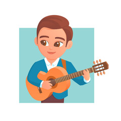 A young guy plays the guitar. A smile on my face. Classical musical instrument. Vector cartoon character illustration.