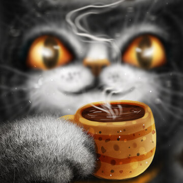 Cat character with the coffee cup, digital illustration