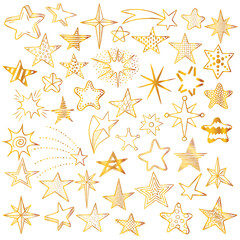 Gold hand drawn doodle stars and comets icons collection. Kids style skethes. Vector illustration © nataliasheinkin