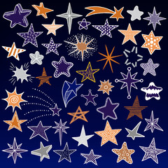 Set of hand drawn doodle colorful stars and comets icons collection on a night sky background. Kids style skethes. Vector illustration.