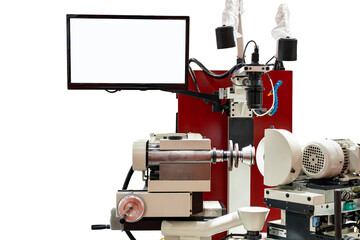 universal tool grinder machine for cutting tools sharpening with vision camera and monitor for inspection or quality control during diamond wheel and shaft high speed turning on white & clipping path