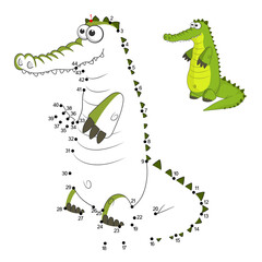 Dot to dot game with numbers and answer for kids. Connect the dots by numbers and finish the picture. Education Game and Coloring Page with cartoon cute Alligator character. Practice counting to 44.