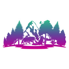 Wolf Mountain adventure landmark Forest. Panorama vector illustration. 