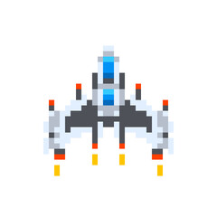Vintage spaceship, game hero in pixel art style on white