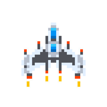 Vintage spaceship, game hero in pixel art style on white