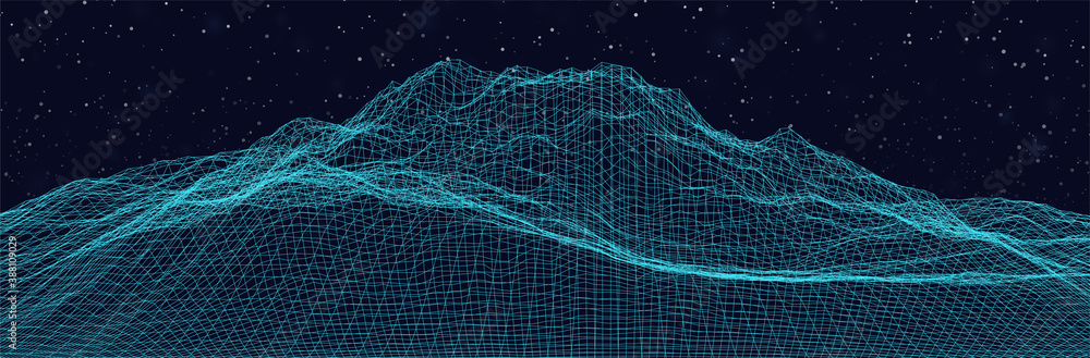 Poster 3d computer landscape. virtual wireframe surface. thin line topography. cyber space. retro futuristi
