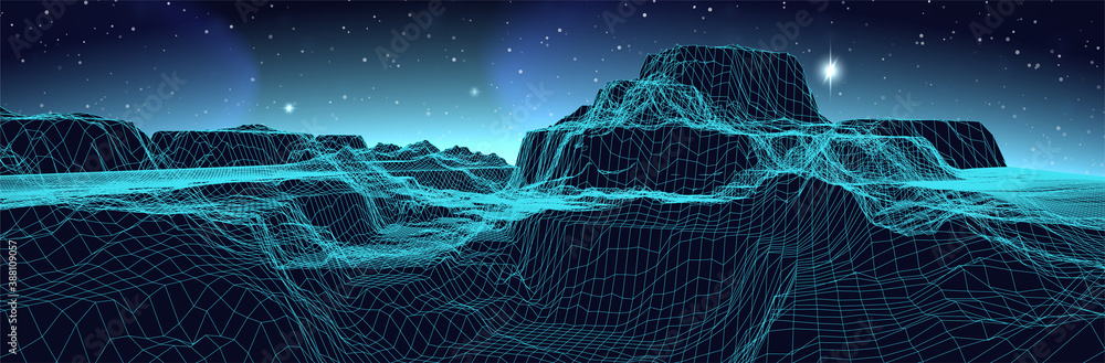 Poster 3d computer landscape. virtual wireframe surface. thin line topography. cyber canyon. retro futurist