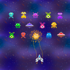 Cute space invaders in pixel art style on deep space background, vintage gamescreen - obrazy, fototapety, plakaty