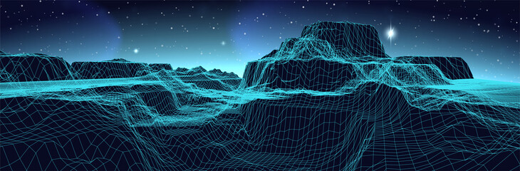 3d computer landscape. Virtual wireframe surface. Thin line topography. Cyber canyon. Retro futuristic sci-fi background. Glowing horizon. Starry sky with aurora. Stock vector illustration