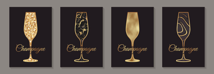 Modern abstract luxury card templates for sparkling wine tasting invitation or bar and restaurant menu or banner or logo with golden glittern and marble champagne glasses on a black background. © Anna R