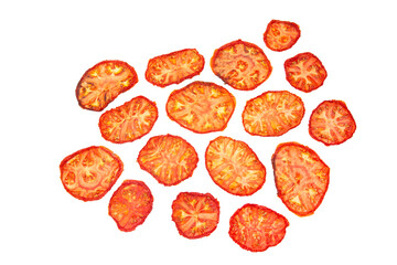 slices of dried tomato on a white background. vitamin vegetable food