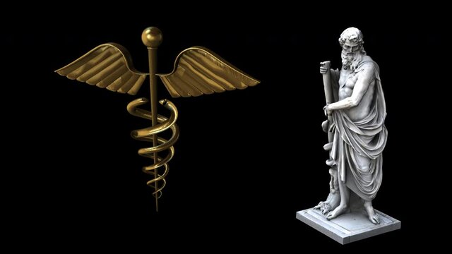 Asclepius statue rotation Dx whit Caduceus - 3D model animation on a black background